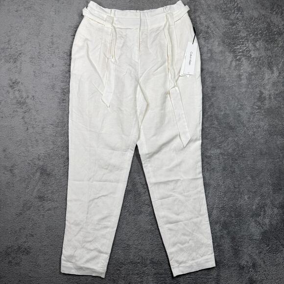 Calvin Klein Pants - Calvin Klein Womens Linen Blend Suit Pants Belted NWT Sz 8 White High Rise